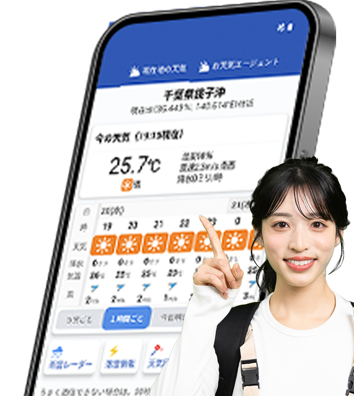 ウェザーニュースアプリ画面とキャスター